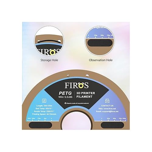  FIROS PETG 3D Printer Filament, 1kg(2.2lbs) Spool PETG Filament 3D Printing Filament, 1.75mm Dimensional 3D Printer Filament, Fit Most FDM Printer, 1 Pack PETG Black