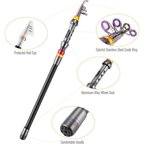  FISHOAKY Fishing Rod kit, Carbon Fiber Telescopic Fishing Pole and Reel Combo with Line Lures Tackle Hooks Reel Carrier Bag for Adults Travel Saltwater Freshwater