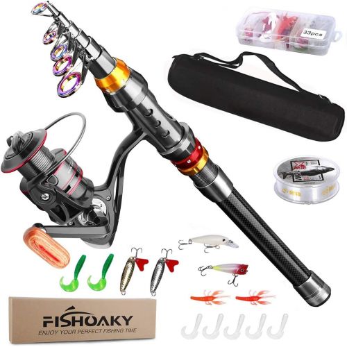  FISHOAKY Fishing Rod kit, Carbon Fiber Telescopic Fishing Pole and Reel Combo with Line Lures Tackle Hooks Reel Carrier Bag for Adults Travel Saltwater Freshwater