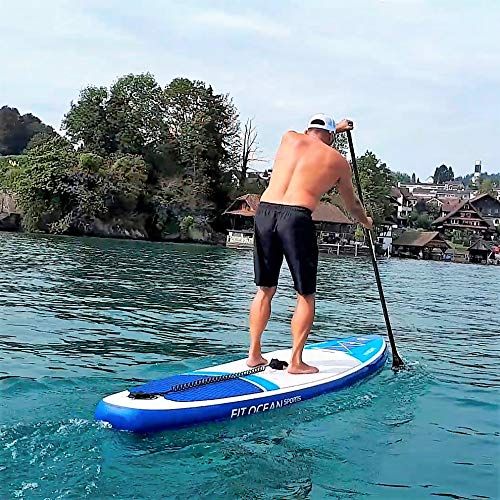  FIT OCEAN Sports blau NUR 9KG Aufblasbares 15 cm dickes Stand Up Paddle Board. 343 x 76 x 15cm. inkl. Doppel-Action -Pumpe, grosser Rucksack, leichtes 3-teiliges Alu Paddel und deu