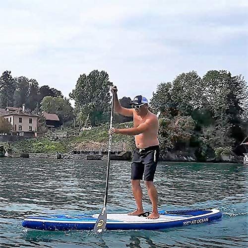  FIT OCEAN Sports blau NUR 9KG Aufblasbares 15 cm dickes Stand Up Paddle Board. 343 x 76 x 15cm. inkl. Doppel-Action -Pumpe, grosser Rucksack, leichtes 3-teiliges Alu Paddel und deu