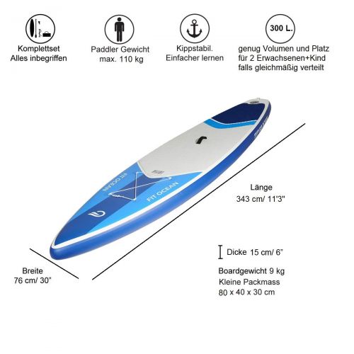  FIT OCEAN Sports blau NUR 9KG Aufblasbares 15 cm dickes Stand Up Paddle Board. 343 x 76 x 15cm. inkl. Doppel-Action -Pumpe, grosser Rucksack, leichtes 3-teiliges Alu Paddel und deu