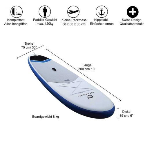  FIT OCEAN aufblasbares Stand Up Paddle Board Sets. EINFACHER PADDELN Lernen: SICHERES Stehen UND SUPER AUFTRIEB. Doppelhub-Pumpe + leichtes Paddel + Grosse Tragetasche