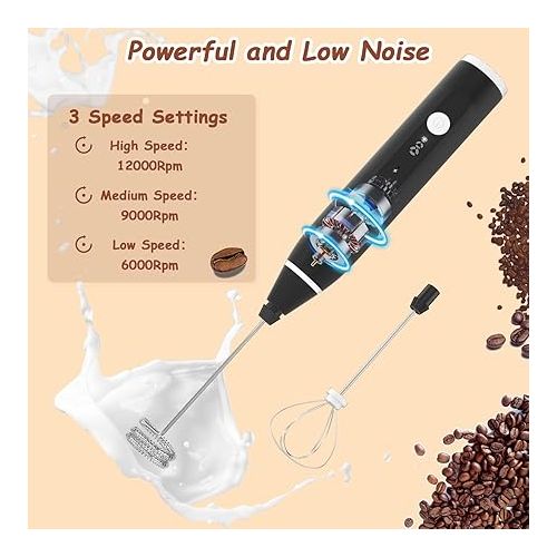  Milk Frother Handheld, FITNATE Rechargeable Electric Foam Maker Drink Mixer 3 Speeds with 2 Stainless Steel Whisks, Frother for Coffee, Hot Chocolate, Latte, Cappuccino,Includes Frother Cup