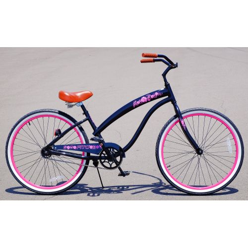  FITO Anti-Rust Aluminum frame, Fito Modena II Alloy Single 1-speed - Black / Pink rims, womens 26 Beach Cruiser Bike Bicycle