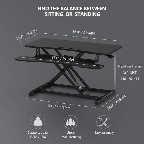  FITUEYES Height Adjustable Standing Desk Converter 36” Wide Sit to Stand Up Desk Tabletop Workstation with Wide Keybroad Tray Black SD309101WB