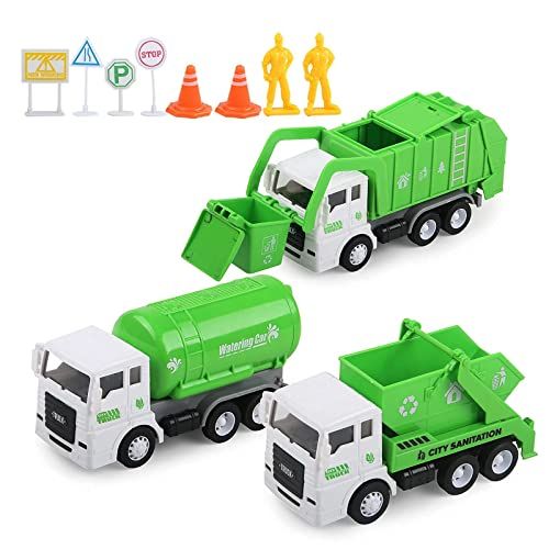  FIVEDAOGANG Toy Vehicles Set 3 Pack Sanitation Truck Car Model Garbage Trucks Water Tanker Playset with 8 Signpost Friction Power for Boys Age 3 and UP Toddlers Kids Holiday/Birthday Gift Chil