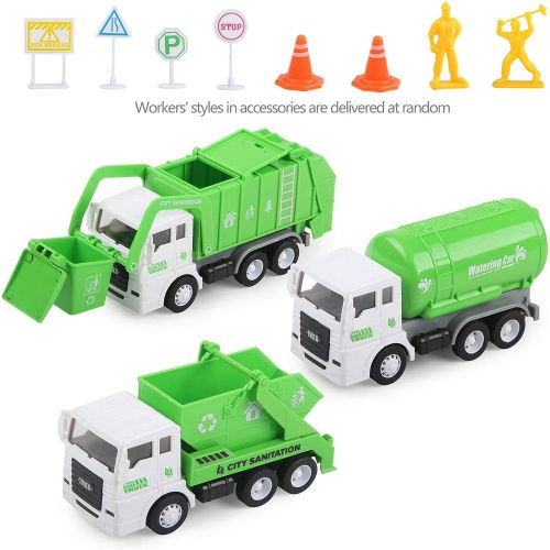  FIVEDAOGANG Toy Vehicles Set 3 Pack Sanitation Truck Car Model Garbage Trucks Water Tanker Playset with 8 Signpost Friction Power for Boys Age 3 and UP Toddlers Kids Holiday/Birthday Gift Chil