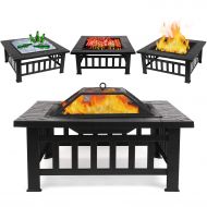 FIXKIT Fire Pit Table Outdoor with BBQ Grill Shelf, Multifunctional Garden Terrace Fire Bowl Heater/BBQ/Ice Pit, 32 Diameter Square Fireplace with Waterproof Cover