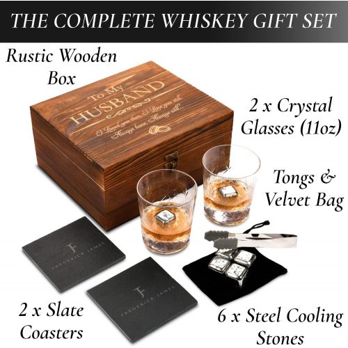  [아마존베스트]FJ FREDERICK JAMES Anniversary for Him I Men - Whiskey Glass Set - Engraved To My Husband I Wedding Anniversary Gif ts for Him I Husband from Wife for Birthday I Christmas 1 Year, 2 Year, 10 Year Ann