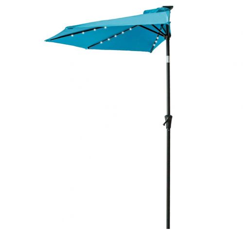  FLAME&SHADE 9 LED Half Outdoor Patio Market Umbrella with Solar Lights and Tilt for Outside Deck Terrace or Balcony Shade, Aqua Blue