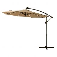 FLAME&SHADE 10 Offset Cantilever Hanging Umbrella with Solar LED Lights for Large Outdoor Patio Table Balcony Poolside Deck Garden, Beige