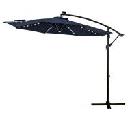 FLAME&SHADE 10 LED Light Cantilever Offset Patio Umbrella Market Style with Solar Lights for Large Outside Table or Garden, Navy Blue