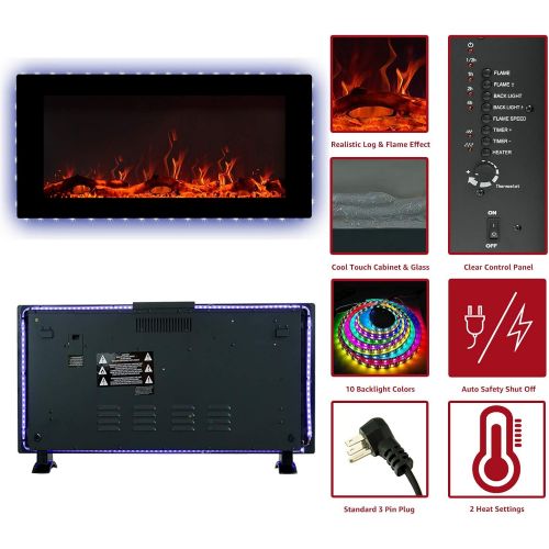  FLAME&SHADE Wall Mounted Electric Fireplace, 42-Inch Wide Flat Screen, Freestanding or Hanging Portable Room Heater with Remote