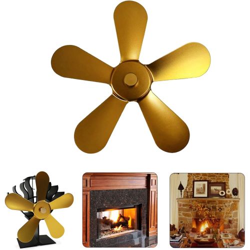  FLAMEER 5 Blades Stove Fan Attachment Heat Powered Wood/Log Burner Fan Blade Eco Friendly Heat Circulation for Fireplace Accessories Gold