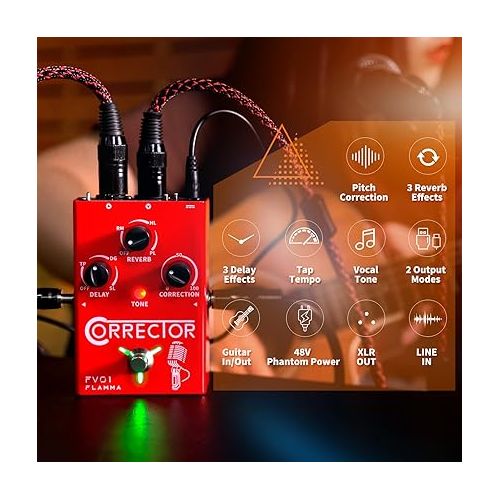  FLAMMA FV01 Vocal Effects Processor Pitch Correction Voice Pedal Vocal Stompbox Microphone Amplifier for Singer Live Singing Streaming Recording with Delay Reverb Acoustic Guitar Playing