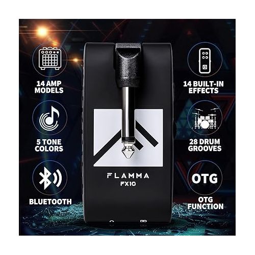  FLAMMA Guitar Headphone Amp Portable with 28 Drum Grooves 14 Built-in Effects 14 Amplifier Models 5 Tone Colors Support Bluetooth USB Audio Recording and Playback OTG Function Home Practice