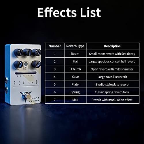  FLAMMA FS02 Reverb Guitar Pedal Stereo Digital Effects Pedal 7 Storable Preset Slots 7 Reverb Effects Room Hall Church Cave Plate Spring Mod True Bypass Trail On