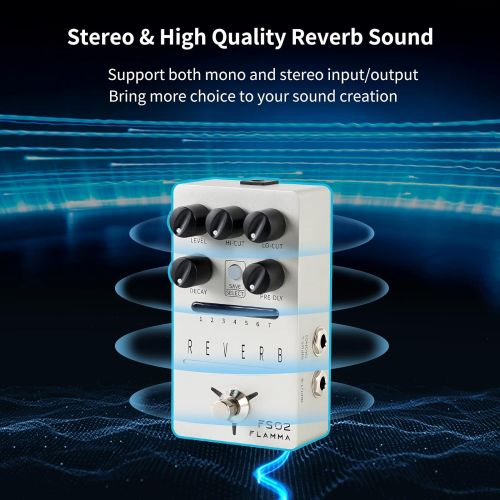  FLAMMA FS02 Reverb Guitar Pedal Stereo Digital Effects Pedal 7 Storable Preset Slots 7 Reverb Effects Room Hall Church Cave Plate Spring Mod True Bypass Trail On