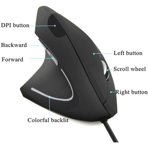  FLY WAY Left Handed Mouse,Ergonomic Vertical USB Wired Mouse 800/1200/1600 DPI Optical 6 Buttons Gaming Mice for PC Laptop Computer Desktop Mac (Left Hand)