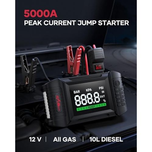  FLYLINKTECH Car Battery Jump Starter with Air Compressor, 150PSI 5000A 20000mAh Jump Starter Battery Pack(All Gas/10.0L Diesel), Safe Car Jumper Box with Display, 160W DC Out, Emergency Light
