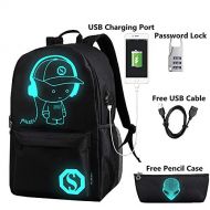 FLYMEI Anime Cartoon Luminous Backpack with USB Charging Port and Anti-theft Lock & Pencil Case, Unisex Fashion College School Bookbag Daypack Travel Laptop Backpack, Black