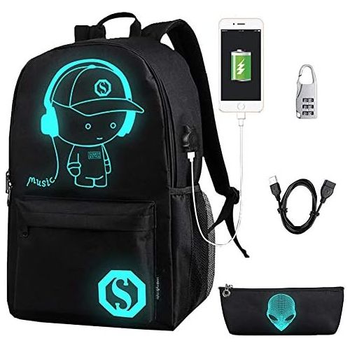  [아마존베스트]FLYMEI Anime Cartoon Luminous Backpack with USB Charging Port and Anti-theft Lock & Pencil Case, Unisex Fashion College School Bookbag Daypack Travel Laptop Backpack, Black