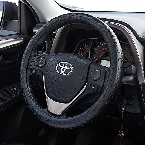  FMS Genuine Leather Car Steering Wheel Cover Universal 15.5 Inch Automotive Interior Accessories-Black, Durable, Breathable, Anti Slip, Odorless