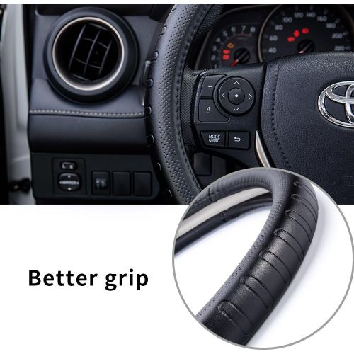  FMS Genuine Leather Car Steering Wheel Cover Universal 15.5 Inch Automotive Interior Accessories-Black, Durable, Breathable, Anti Slip, Odorless