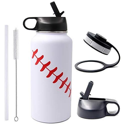  FMYWZS 32 oz Baseball Softball Water Bottle, Wide Mouth Sports Flask Metal Travel Tumbler with 2 Lids 18/8 Stainless Steel Double Wall Vacuum Insulated Thermo Mug(32oz, White baseball)