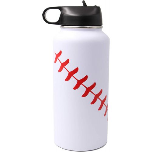  FMYWZS 32 oz Baseball Softball Water Bottle, Wide Mouth Sports Flask Metal Travel Tumbler with 2 Lids 18/8 Stainless Steel Double Wall Vacuum Insulated Thermo Mug(32oz, White baseball)