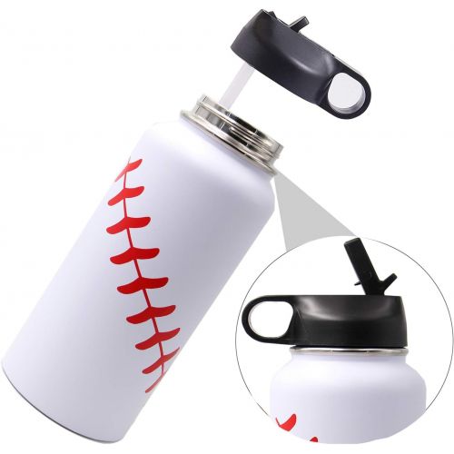  FMYWZS 32 oz Baseball Softball Water Bottle, Wide Mouth Sports Flask Metal Travel Tumbler with 2 Lids 18/8 Stainless Steel Double Wall Vacuum Insulated Thermo Mug(32oz, White baseball)