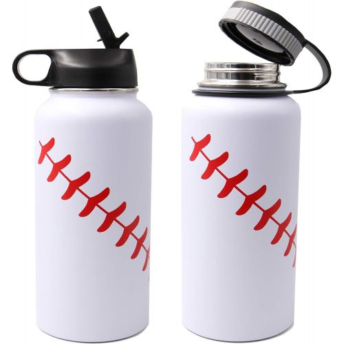  FMYWZS 32 oz Baseball Softball Water Bottle, Wide Mouth Sports Flask Metal Travel Tumbler with 2 Lids 18/8 Stainless Steel Double Wall Vacuum Insulated Thermo Mug(32oz, White baseball)