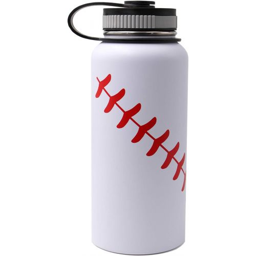  FMYWZS 32 oz Baseball Softball Water Bottle, Wide Mouth Sports Flask Metal Travel Tumbler with 2 Lids 18/8 Stainless Steel Double Wall Vacuum Insulated Thermo Mug(32oz, White baseball)