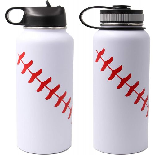  FMYWZS 32 oz Baseball Softball Water Bottle, Wide Mouth Sports Flask Metal Travel Tumbler with 2 Lids 18/8 Stainless Steel Double Wall Vacuum Insulated Thermo Mug(32oz, White baseball)