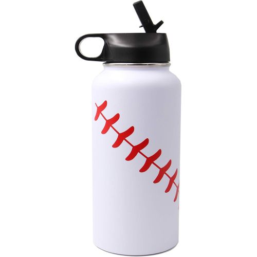  FMYWZS 32 oz Baseball Softball Water Bottle, Wide Mouth Sports Flask Metal Travel Tumbler with 2 Lids 18/8 Stainless Steel Double Wall Vacuum Insulated Thermo Mug(32oz, White baseball)