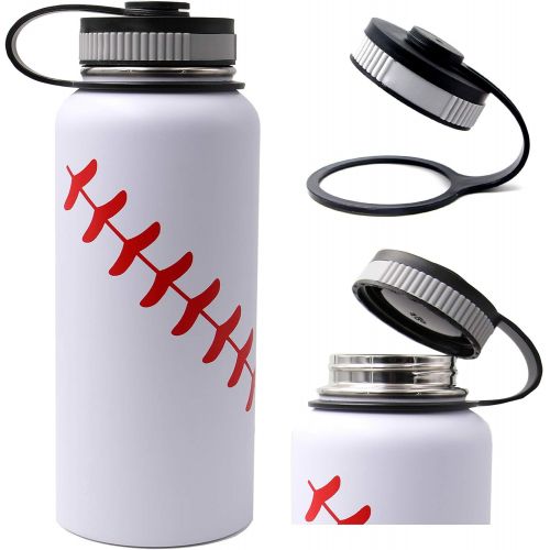  FMYWZS 32 oz Baseball Softball Water Bottle, Wide Mouth Sports Flask Metal Travel Tumbler with 2 Lids 18/8 Stainless Steel Double Wall Vacuum Insulated Thermo Mug(32oz, White baseball)