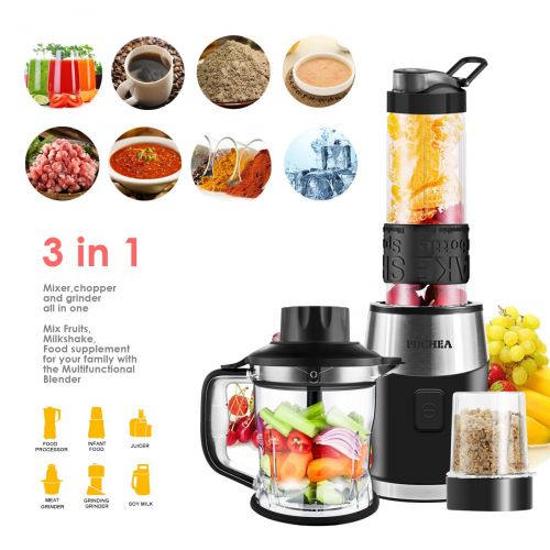  FOCHEA Mixer Smoothie Maker 3 in1 Multifunktion Standmixer + Fleisch Zerkleinerer/Ice Crusher + Kaffeemuehle (700 Watt, 24000U/Min) Elektrisch Shake Smoothie Mixer mit 570ml Sport-Flasche