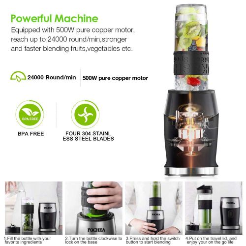  FOCHEA Smoothie Maker Blender, Fochea 500W Standblender Mini Shake Smoothie Mixer with 2x570ml BPA-Free Tritan Bottle for Juices Shakes Smoothies