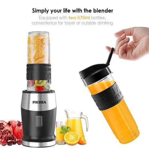  FOCHEA Smoothie Maker Blender, Fochea 500W Standblender Mini Shake Smoothie Mixer with 2x570ml BPA-Free Tritan Bottle for Juices Shakes Smoothies