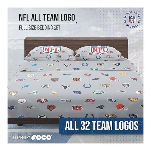  FOCO NFL Ultimate Fan Repeating All Team Logo Bedding Set - 2 Sheets 2 Pillow Cases - Full or Twin- Officially Licensed (NFL - Multicolor, Full)