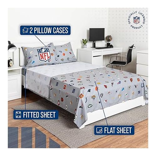  FOCO NFL Ultimate Fan Repeating All Team Logo Bedding Set - 2 Sheets 2 Pillow Cases - Full or Twin- Officially Licensed (NFL - Multicolor, Full)