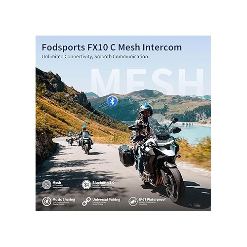  FODSPORTS Bluetooth Mesh Intercom,FX10C Motorcycle Bluetooth Headset with Music Sharing,2 Riders Bluetooth intercom Communication System with Audio Multitasking for Motorbike/ATV/Dirt Bike