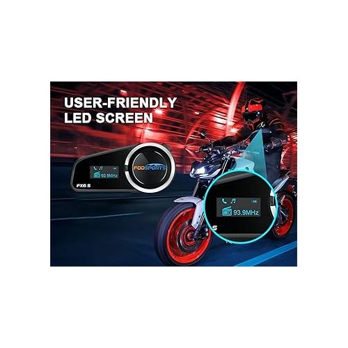  FODSPORTS FX6S Motorcycle Bluetooth Helmet Intercom Communication System with LED Screen - Connect up to 6 Riders, Voice Dialing, Universal Motorbike Communicator for ATVs and Dirt Bikes - 1 Pack