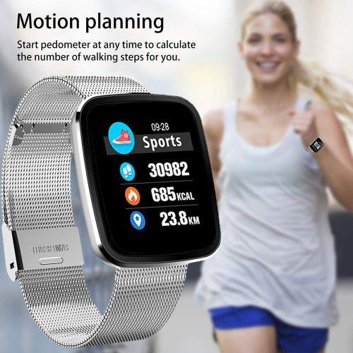  FOHKJMML Waterproof Smart Watch, Fitness Tracker with Heart Rate Blood Pressure Sleep Monitor Sports Fitness Watch Pedometer Calorie Counter (Color : Silver, Size : -)