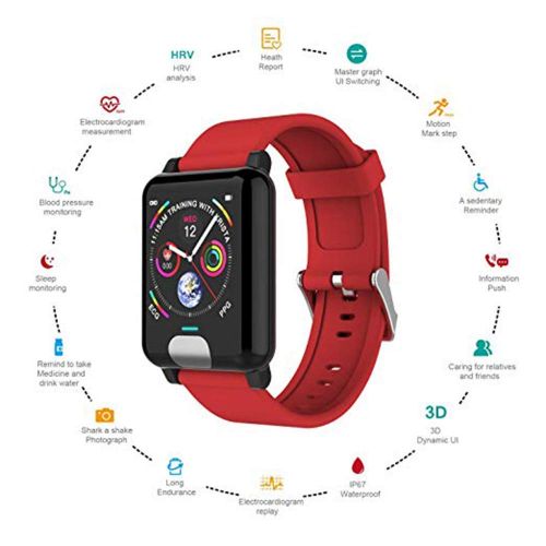  FOHKJMML Fitness Tracker HR, Iswim Color Screen ECG PPG Smart Watch, IP67 Waterproof, Activity Tracker with SMS Heel Self-Closing for Smartphones Gift (Red) (Color : Red, Size : -)