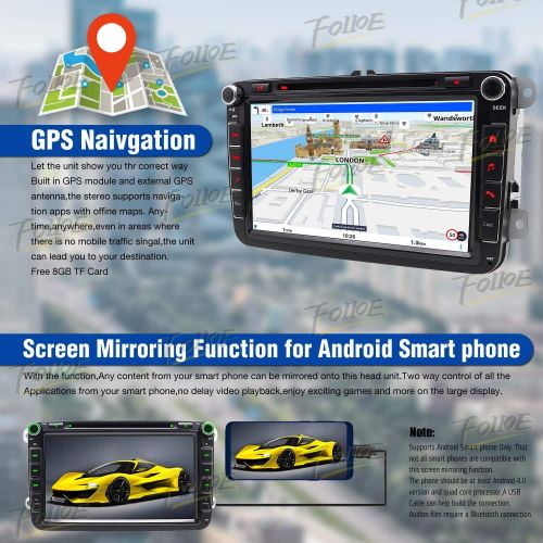  FoIIoE 8 (20.3?cm) 2 Din Touchscreen Car Radio DVD Player Sat NAV in Dash GPS Navigation, Bluetooth Car Radio for VW Volkswagen Cars, Golf, Passat, Touran, Seat, Skoda