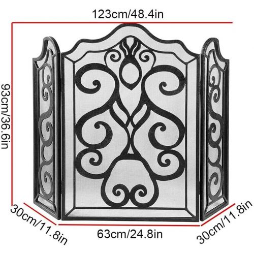 FOLDING Fireplace Screen 3 PCS Iron Fire Panel, Black Spark Flame Barrier with Leaves Decoration, Wide Metal Mesh Safety Fire Place Guard for Wood and Coal Firing, Stoves, Grills E