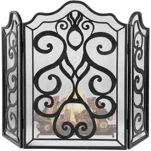  FOLDING Fireplace Screen 3 PCS Iron Fire Panel, Black Spark Flame Barrier with Leaves Decoration, Wide Metal Mesh Safety Fire Place Guard for Wood and Coal Firing, Stoves, Grills E