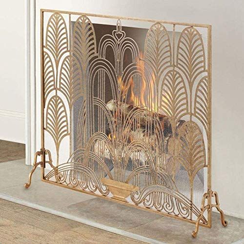  FOLDING Fireplace Screen Fire Screen Protector, Fireplace Screen Fireguard Screen Spark Guard Protector Indoor and Outdoor Iron Gold Spark Guard for Wood and Coal Firing, Stoves, Grills En